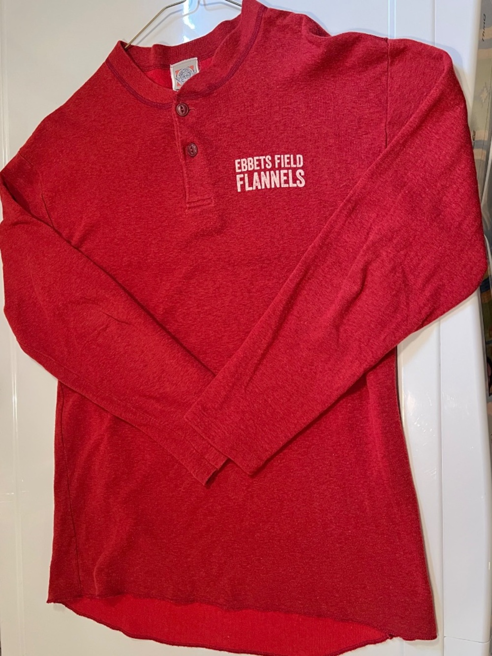 Ebbets Field Flannels Red Long Sleeve Henley Shirt, Med